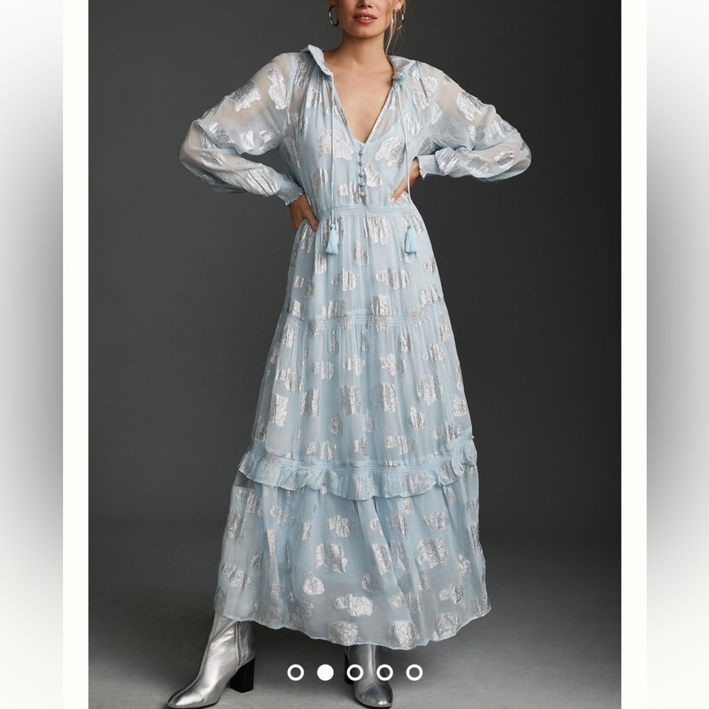 Anthropologie Light Blue Metallic-Accent Maxi Dress